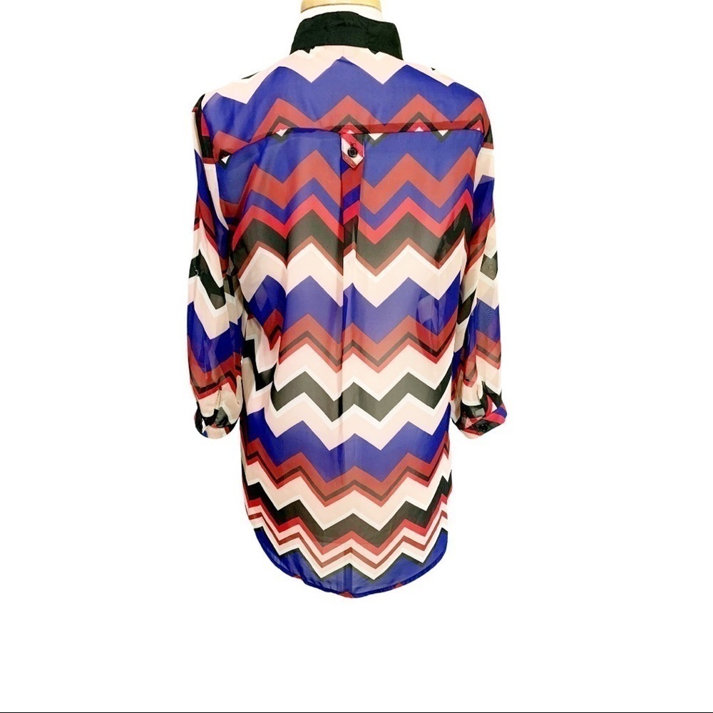 Sequin Hearts Chevron Print Sheer Button Tunic M - image 4